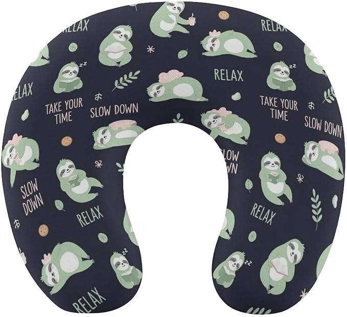 Premium Polyester Compact Neck Support Pillow, Lazy Cute Sloths U-Shaped, U-Shape for Car Travel Office Restful Sleep, Washable Comfort