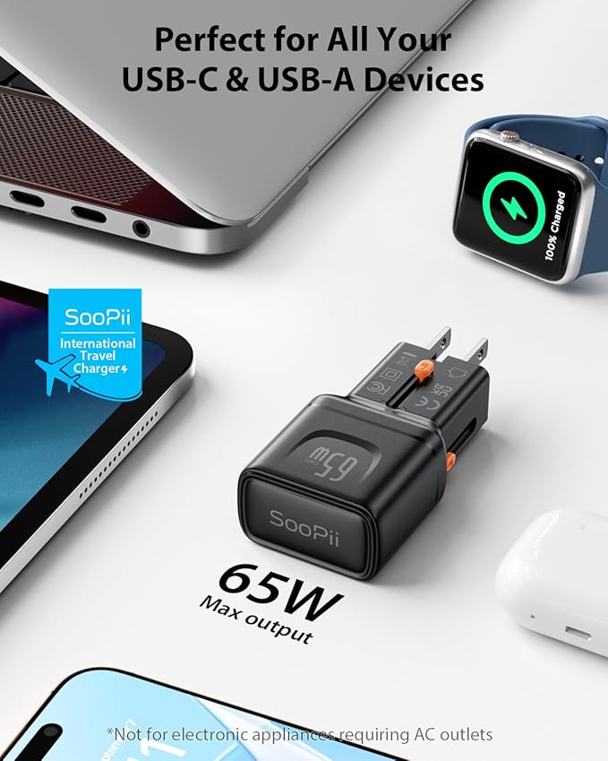 SooPii Universal Travel Adapter, 65W GaN Power Adapter with 2 USB-C Ports,International Power Adapter,Travel Charger with US/UK/EU/AU Plug for iPhone 16/15, Galaxy S25/S24, iPad, etc.