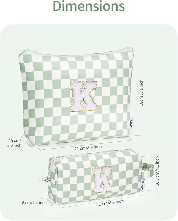 Narwey 2 Piece Personalized Initial Makeup Bag Checkered Cosmetic Bags, 6 8 10 11 12 13 14 16 18 Years Old Teen Girl Gifts Trendy Stuff Birthday Gifts for Women, Travel Toiletry Bag (Green Letter K)
