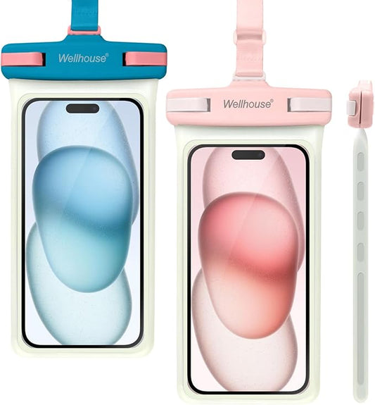 wellhouse Waterproof Phone Pouch, Waterproof Phone Case for iPhone 16 15 14 13 12 Pro Max XS Samsung, IPX8 3D Cellphone Dry Bag Beach Essentials (2 Pack - Luminous Blue & Pink7.0, 7 inch)