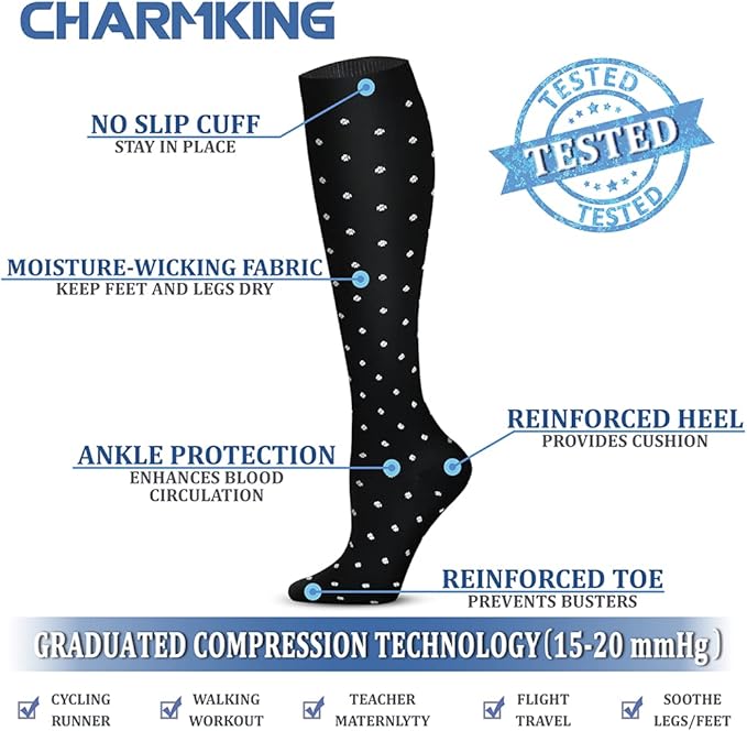 CHARMKING Compression Socks for Women & Men Circulation (8 Pairs) 15-20 mmHg is Best Support for Athletic Running,Cycling
