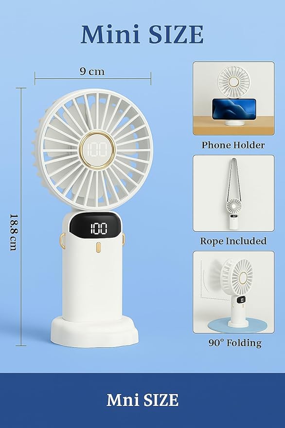 AMPMG LED Digital Display Rechargeable Fan – Portable Handheld & Desk Fan with Adjustable Speeds, USB Charging, Quiet Operation, and Base Stand for Home, Office, Travel and Outdoor Use (White)