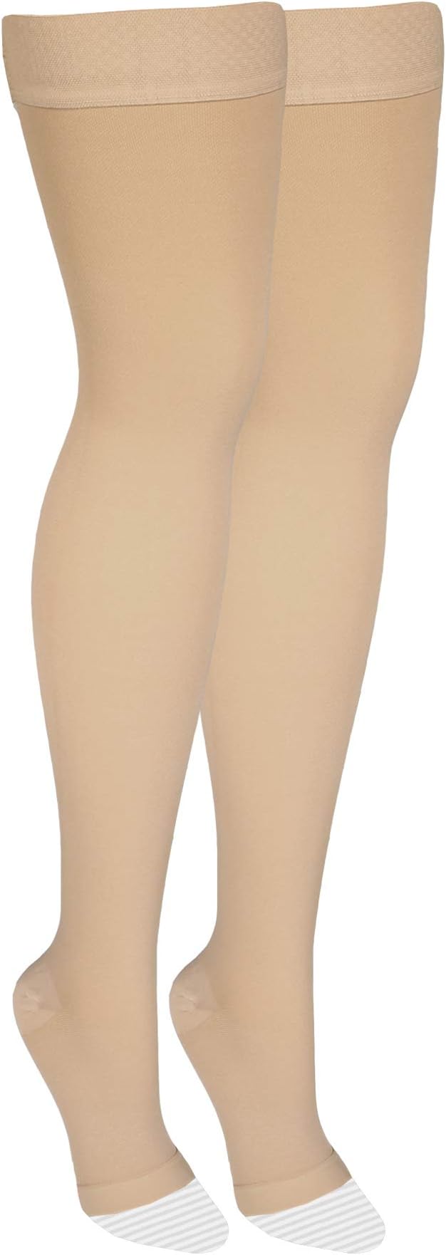 Amazon Basic Care Compression Stockings, 20-30 mmHg, Women & Men, Thigh Length | Open Toe | Beige | Large | Pack of 2