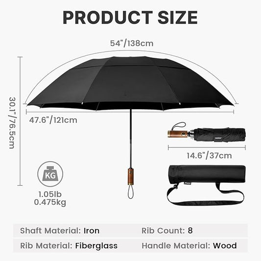 G4Free 54 Inch Inverted Windproof Umbrella with Wooden Handle, Large Double Canopy Auto Open & Close Golf Umbrella, Portable & Durable Rain Umbrella, Fits Car & Backpack