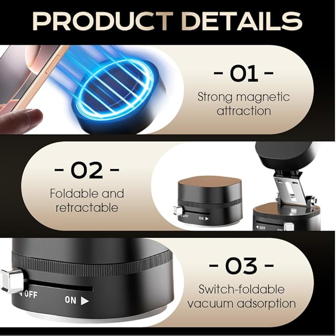 Vacuum Magnetic Suction Phone Holder, 2026 New Vacuum Magnetic Phone Holder, Adjustable Suction Phone Mount, Portable Universal Collapsible Magnetic Phone Stand Car Mount for Smartphones (Black)
