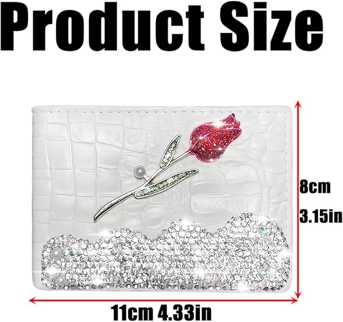 Bling Sparkle Rhinestone Flower Leather Credit Card Holder,10 Slots BlankDriver's License Holder for Women and Men, Multi-Functional Card Organizer for Documents, ID Cards, License (White)