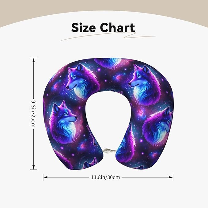 Comfortable Memory Foam Travel Neck Pillow, Funny Chin/Head Cushion Supporting Airplane Car Pillows Purple Universe Galaxy Magic Wolf in The Space Art for Sleeping Outdoors Travel Office