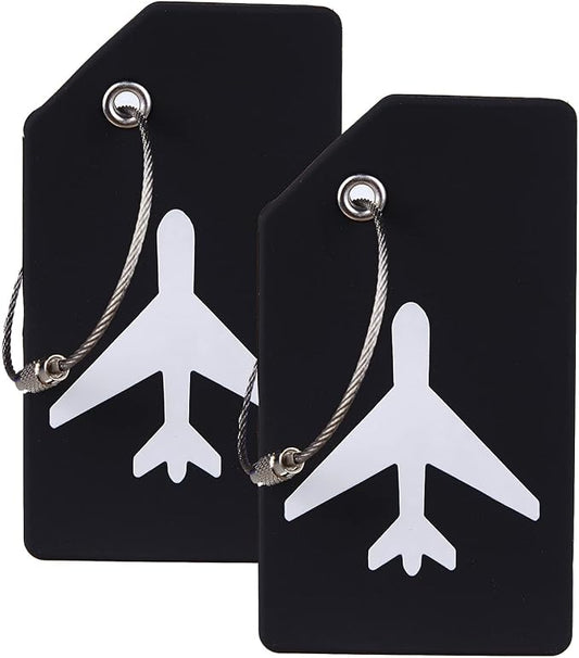 Gostwo 2 Pack Silicone Luggage Tags for Suitcases, 26 Initial Letter Baggage Labels Handbag School Bag Suitcase Instrument Tag with Stainless Steel Loop(Black)(Airplane)