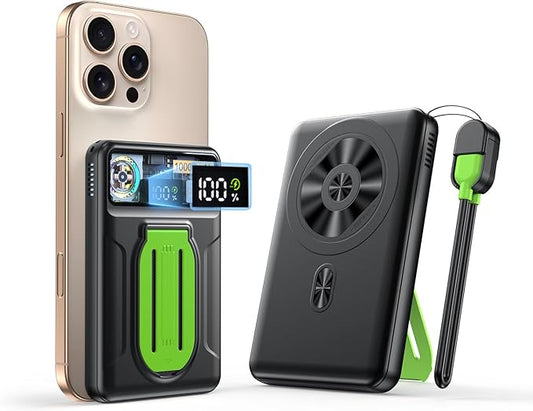 Magnetic Power Bank 10000mAh,Foldable Wireless Portable Charger with Fan Active Cooling System,Fast Charging Battery Pack,Compatible with iPhone 16/15/14/13/12 Pro/Pro Max/Plus/Mini