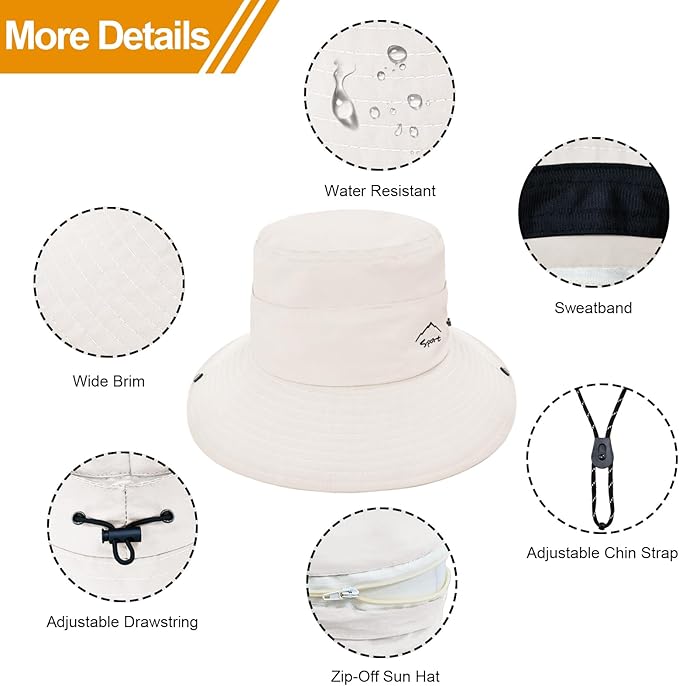 Sun Hats for Women Bucket Hat UV Protection Fishing Hat Wide Brim Safari Hats 2 in 1 Zip-Off Sun Visor Hats UPF 50+