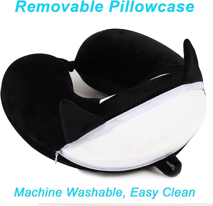 Superhero Travel Pillow for Kids & Adults with Sleep Eye Mask, Memory Foam U-Shaped Neck Pillow with Washable Cover, Soft Head Support Travel Accessories for Airplane Car Train Bus Recline, Black