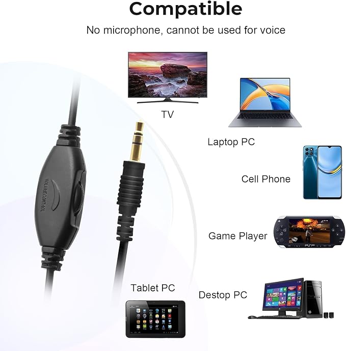 Long Cord Tv Headphones for Seniors with Volume Control Wired Over The Ear Headphone Corded Extra Long Cord Length Universal 3.5mm AUX Audio(10FT)