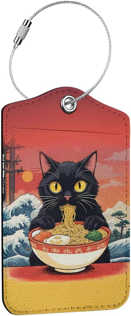 Funny Japanese Ramen Cat Luggage Tag, Suitcase Tags with Privacy Flap and Metal Loop, Luggage Tags for Suitcases, Identifiers Travel Essentials Bag Tag, Cat Lovers Gifts for Women Girls Friends