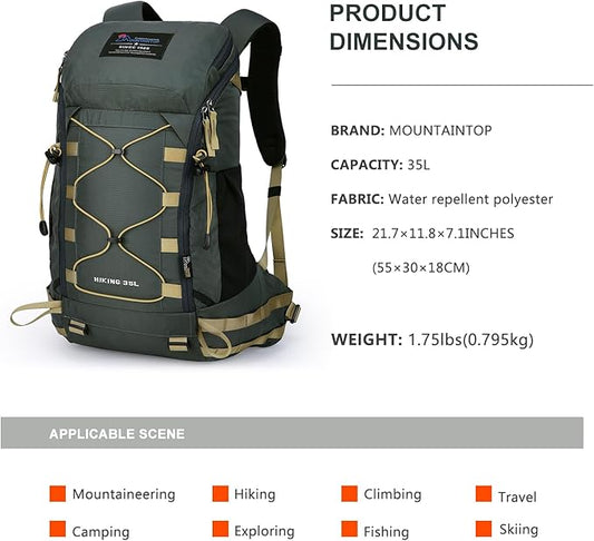 MOUNTAINTOP 35L Hiking Backpack, Lightweight Outdoor Travel Camping Daypack with Rain Cover for Men & Women（Grey）