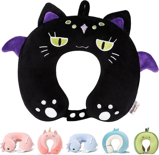 Niuniu Daddy Black Cat Kids Neck Travel Pillow for Kids, Compact Portable Travel Neck Pillow Supportive for Airplane Car Recline Sleeping for 3-8 Years Cute Boys Girls Toddlers Holiday Long Trip