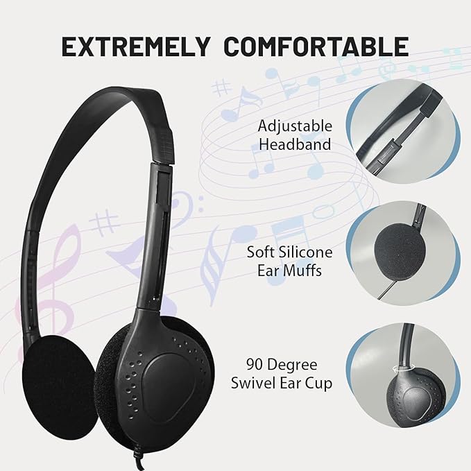50 Pack Bulk Headphones for Kids Students School Classroom Bulk Earphones Adjustable with 3.5 mm Jack for Library Children Adults(004 Black Headphones)