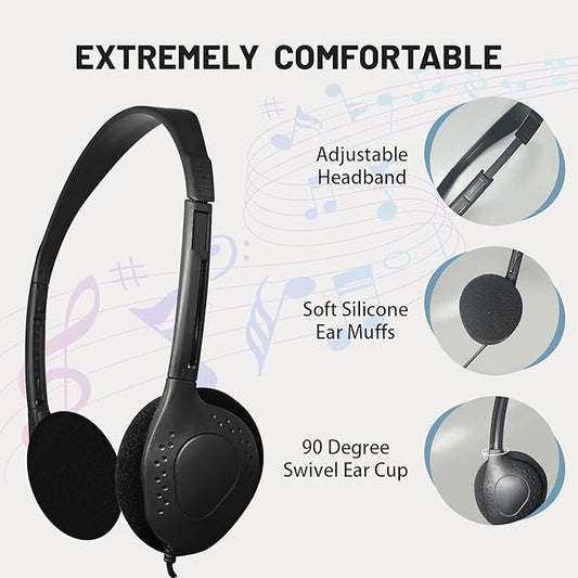25 Pack Class Set Headphones for Kids Students School Classroom Bulk Earphones Adjustable with 3.5 mm Jack for Library Children Adults(004 Black Headphones)