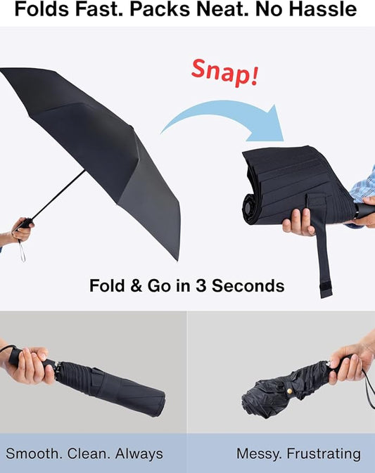 Folds in 3 Seconds Folding Umbrella, Compact & Portable Travel Umbrella, Auto Open/Close, Windproof & Waterproof, Lightweight (<1lb), Fits in Backpack or Car, Black