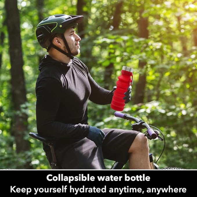 Collapsible Water Bottle (Red) Reusable, BPA Free, Silicone, Foldable Portable & Leak Proof - Water Bottles for Travel Gym Camping Hiking - Sports Water Bottle with Carabiner