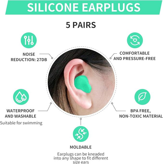 LYSIAN Soft Moldable Silicone Earplugs, 5 Pairs, 27dB SNR Noise Cancelling Ear Plugs for Swimming, Sleeping, Reading (Green)