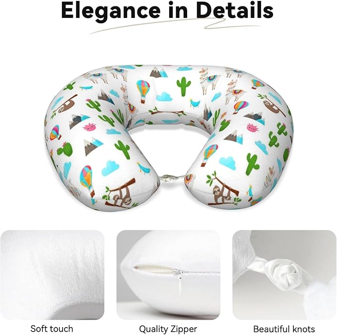 Travel Neck Pillows for Sleeping Rest Car Airplanes Sloth Llamas Cactus Pattern White, Memory Foam with Removable Breathable Zipper Cover Washable for Men Women