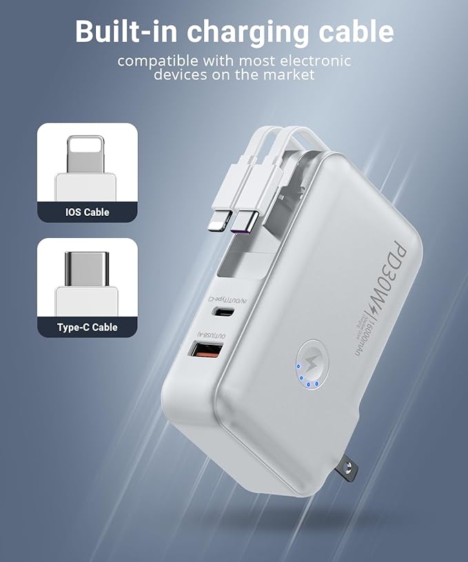 QiSa Portable Charger, Power Bank, 16000mAh Power Bank Built-in AC Wall Plug and Cables, PD 30W and QC4.0 Fast Charger for iPhone and Android Phones and Most Electronic Devices (White)
