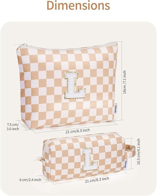 Narwey 2 Piece Personalized Initial Makeup Bag Checkered Cosmetic Bags, 6 8 10 11 12 13 14 16 18 Years Old Teen Girl Gifts Trendy Stuff Birthday Gifts for Women, Travel Toiletry Bag (Brown Letter L)
