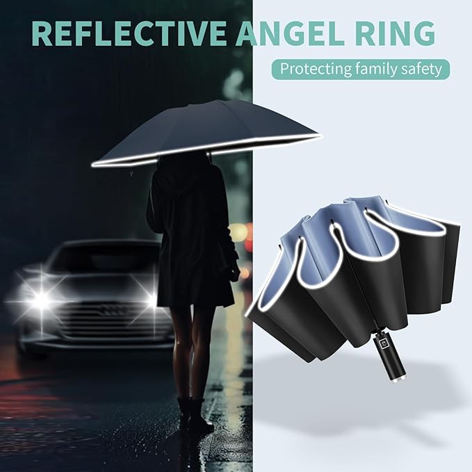 Yoobure Inverted Windproof Travel Umbrella - Automatic Umbrellas for Rain, Compact Folding with Reflective Stripe, Portable Large for Backpack, Lightweight with Sun UV Protection