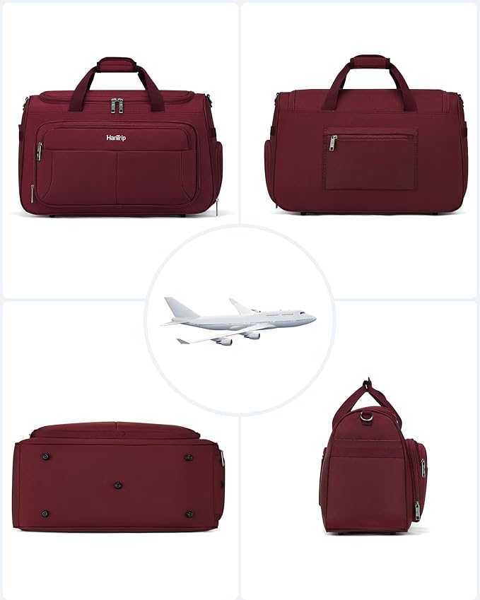 HanTrip Carry on Duffel Bag Foldable Duffle Bags for Travel, Large Personal Item Bags for Airplanes, Weekender Overnight Mens Travel Tote Bag for Women Softside Carry on Luggage (Burgundy)
