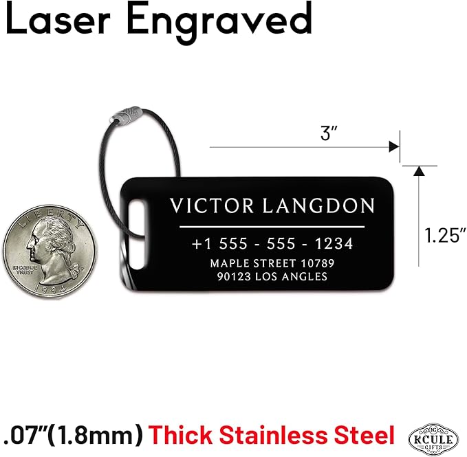 Personalized Luggage Tags for Suitcases 4 Pack - Stainless Steel Custom Luggage Tags for Backpacks & Bags, Sturdy, Waterproof & Heavy Duty (Black / 3" x 1.25")