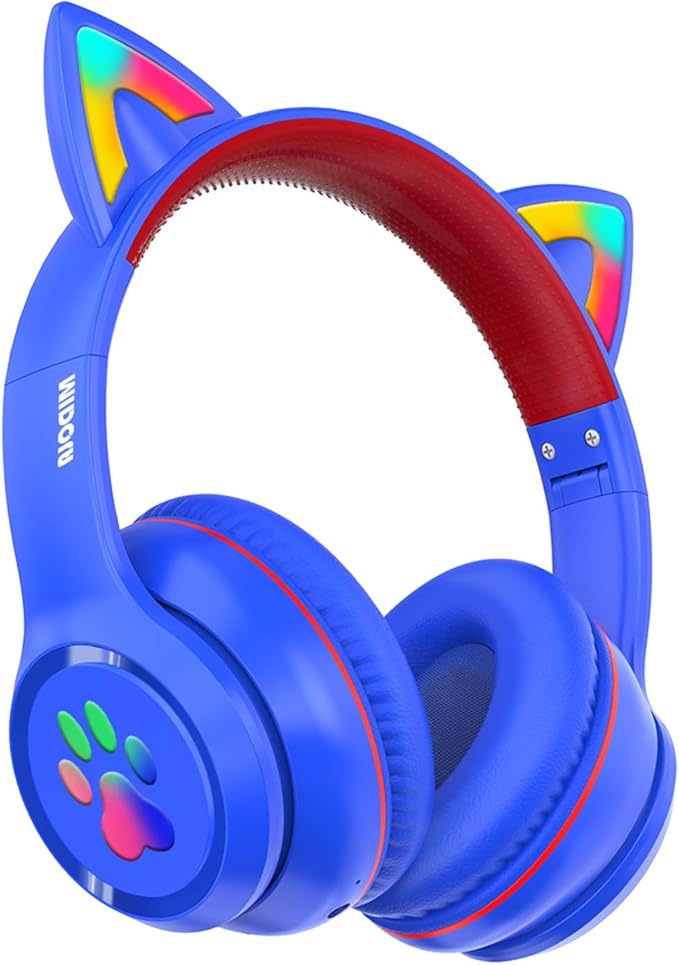 MIDOLA Kids Headphones Cat Ear Wireless Bluetooth 5.3 60H Over Ear, 8H with Led Light Foldable Headset with Aux 3.5mm Mic for Travel Pad Tablet Blue