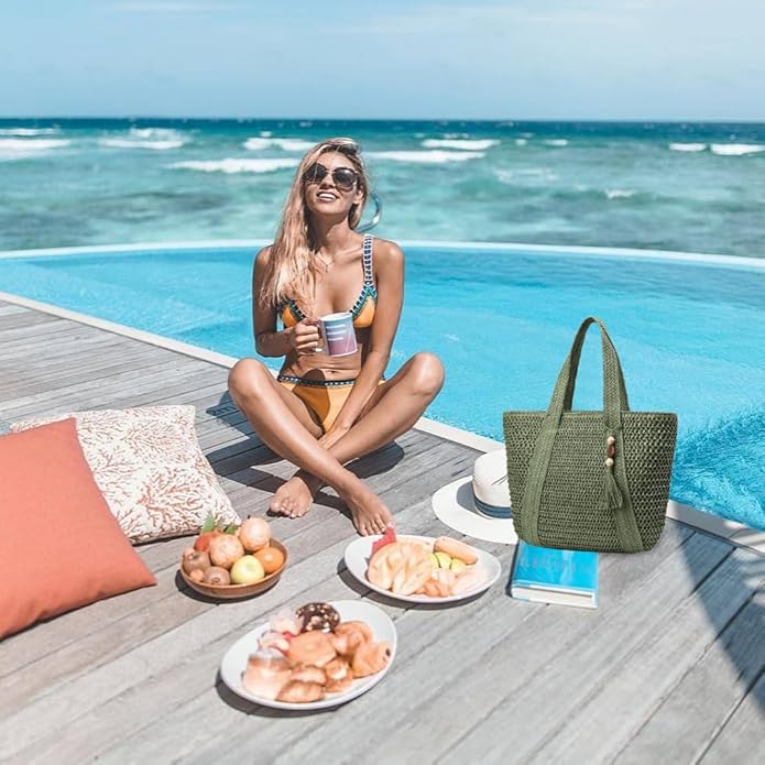 Straw Beach Bags for Women Woven Beach Tote Bag Casual Boho Large Shoulder Handbags Purse for Vacation Holiday