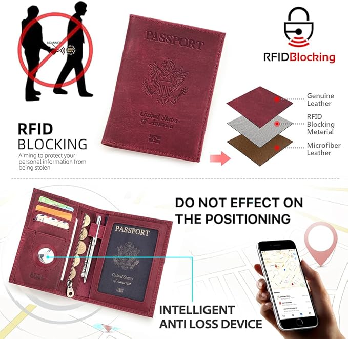 CONTACTS Full Grain Leather Airtag Passport Holder RFID Blocking Travel Passport Wallet Slim Passport Cover Case with 4 Cards Slots, Coin Pocket (Badge, Wine Red)