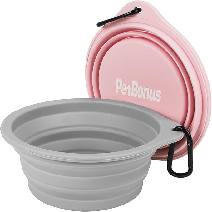 PetBonus 2-Pack Large Silicone Collapsible Dog Bowls, 34oz/1000ml BPA Free Portable Foldable Travel Bowl for Pet Cat, Food Water Feeding Dish for Camping with 2 Carabiners (Grey, Chalk Pink)