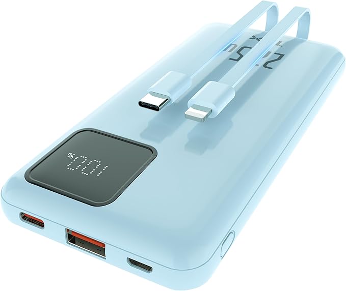 Portable Charger built-in Cables,Super fast charging Power Bank with Cords Wires,Slim 10000mAh Travel Battery Pack 4 Outputs 2 Inputs 3A Fast Charging compatible with IPhone Samsung Android (Blue)