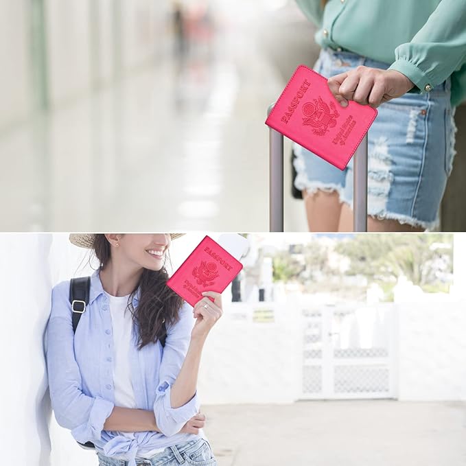 Passport and Vaccine Card Holder Combo, with Slot, Wallet, Cover, Case, for Women Men(AD-Rose Red)