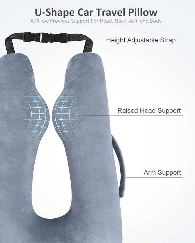 Car Travel Pillow for Kids Adults, Raised Padding Head and Neck Support Car Seat Sleeping Pillow for Toddlers, Portable U Shaped Body Pillow for Cars Seat On Road Trip (Light Gray)