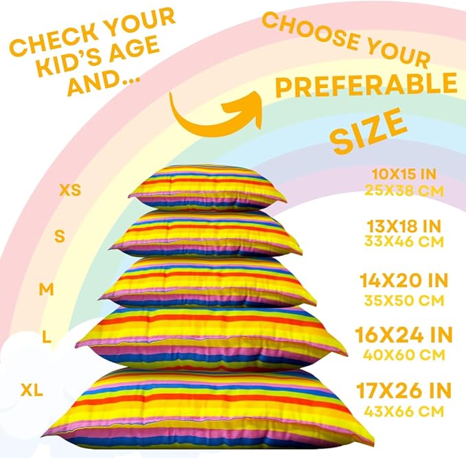 kinder Fluff Toddler Pillow (2Pk) 13x18in – Small Pillow for Kids Age 2+, Bright Rainbow Design, 100% Cotton Sateen Stripe 300T, Down Alternative Fill, Machine Washable, Colourful Kids Cushion - S