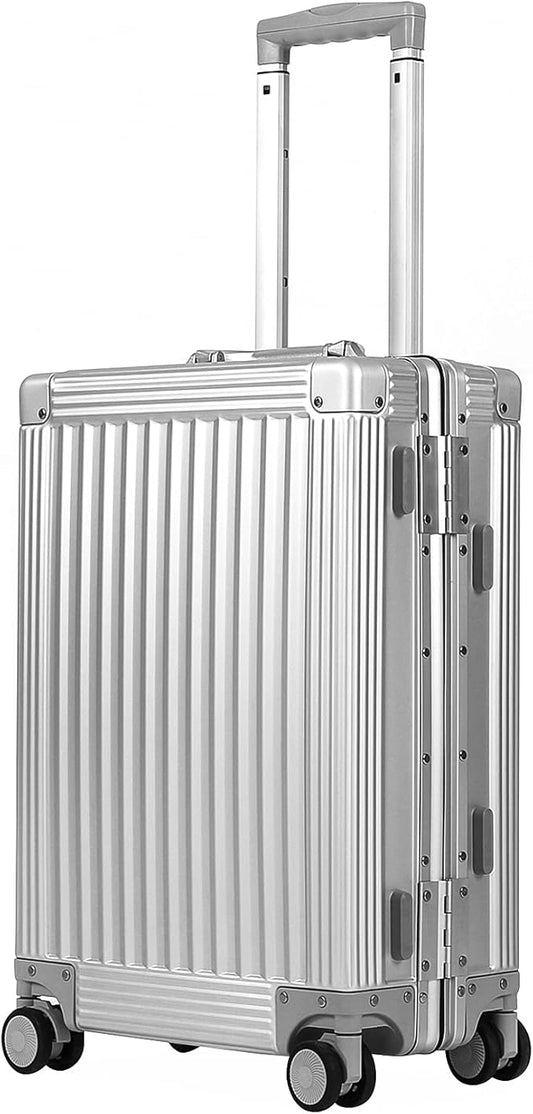 DOMINOX All Aluminum Carry On Luggage Hard Shell Luggage Aluminum Suitcase for Travel Zipperless Luggage Checked Luggage with Silent 360° Spinner Wheels 26 In. (Vertical Grain Style, Sliver)