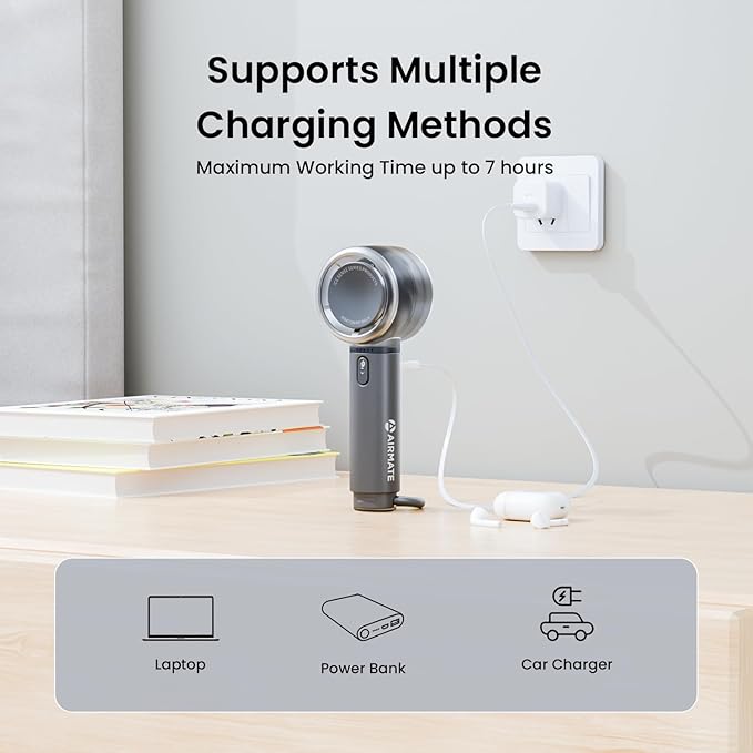 AIRMATE Portable Handheld Fan, 5 Wind Speed Adjustable, 3000mAh Battery Rechargeable, Durable Motor, 13000RPM Super Powerful Wind, Personal Turbo Hand Held Mini fan for Makeup/Travel/Outdoor (Grey)