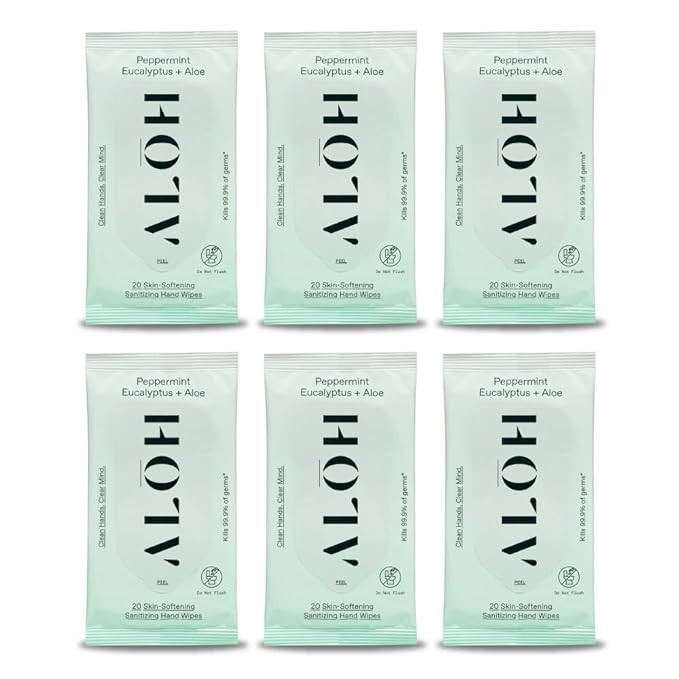 ALŌH Peppermint Eucalyptus Sanitizing Hand Wipes - Clean Hands, Clear Mind On The Go Sanitizer for Kids and Adults - Travel Size 6 packs of 20ct Wipe (120 Wipes)