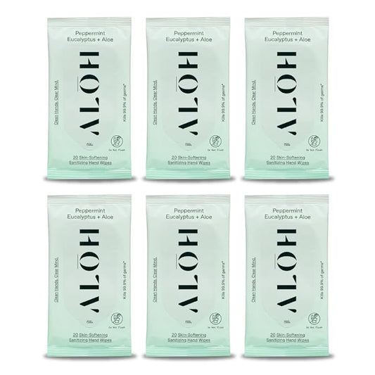 ALŌH Peppermint Eucalyptus Sanitizing Hand Wipes - Clean Hands, Clear Mind On The Go Sanitizer for Kids and Adults - Travel Size 6 packs of 20ct Wipe (120 Wipes)