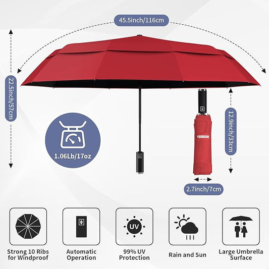 Yoobure Windproof Travel Umbrella with Wood Handle - Automatic Umbrellas for Rain & UV Sun Protection, Compact 46" Large Canopy, Lightweight Backpack Portable for Walking & Outdoor