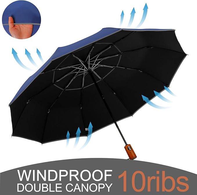 Satol Extra Large Golf Umbrella, 46/54/62 Inch Windproof 10 Ribs Vented Double Canopy Reflective Strips Automatic Open/Close Waterproof UV Protection Portable Compact Umbrella for Outdoor & Travel