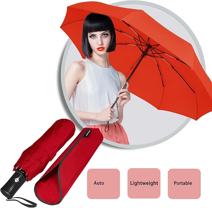 SIEPASA Windproof Travel Compact Umbrella-Automatic Umbrellas for Rain-Compact Folding Umbrella, Travel Umbrella Compact, Small Portable Windproof Umbrellas for Men Women Teenage.(Big Red)