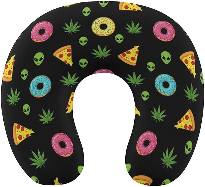 Travel Neck Pillow Memory Foam U Shaped Cushion Alien Donut Pot Leaf Weedleaf Pizza Black, Washable Cover for Airplane Car Office Home Sleeping Pain Relief
