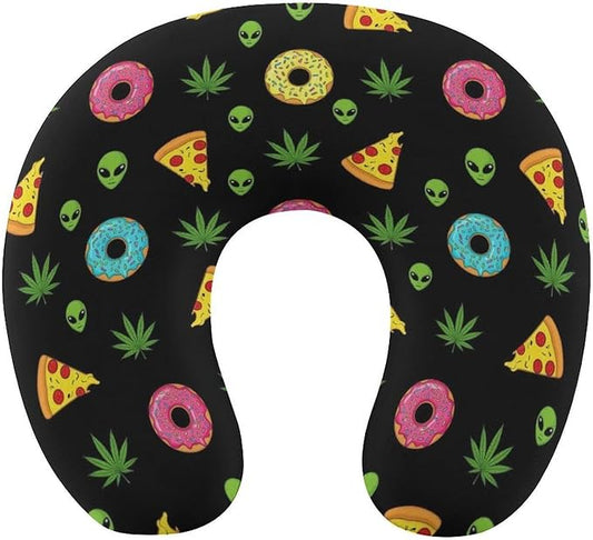 Travel Neck Pillow Memory Foam U Shaped Cushion Alien Donut Pot Leaf Weedleaf Pizza Black, Washable Cover for Airplane Car Office Home Sleeping Pain Relief