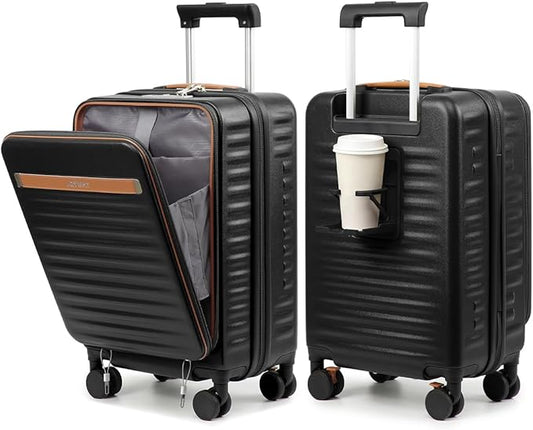 Joyway Carry on Luggage Airline Approved with Front Compartment and Cup Holder, 20 Inch Hard Shell Carry-on Suitcase with Spinner Wheels and TSA Lock for Women Men (Black, 20 Inch)