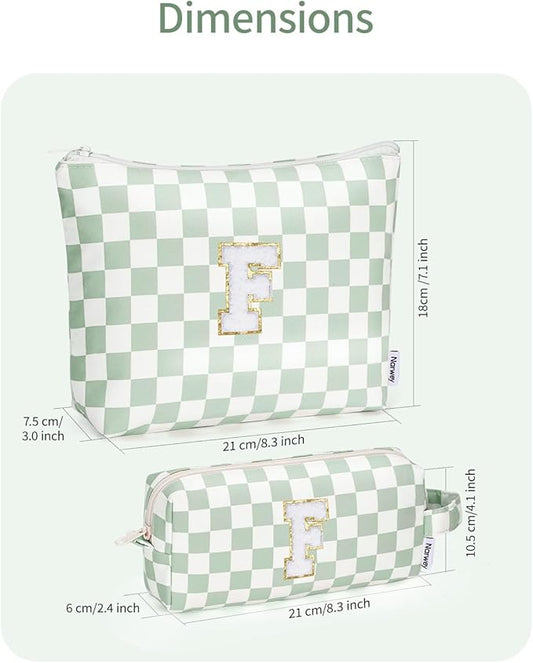 Narwey 2 Piece Personalized Initial Makeup Bag Checkered Cosmetic Bags, 6 8 10 11 12 13 14 16 18 Years Old Teen Girl Gifts Trendy Stuff Birthday Gifts for Women, Travel Toiletry Bag (Green Letter F)