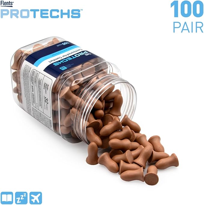 Flents Protechs Foam Ear Plugs, Contoured for Comfort, Ideal for Work with Loud Noise, Heavy Machinery, Construction, Studying & Traveling, NRR 32, Beige, Easy to Use, Made in The USA, 100 Pair